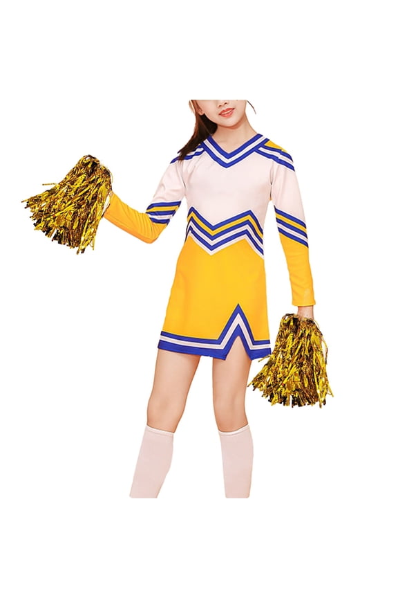 Toddler Girls Cheerleader Uniform Dress Colorblock Long-Sleeved Cheer Role Playing Clothes Sport Soft Dresses for Child