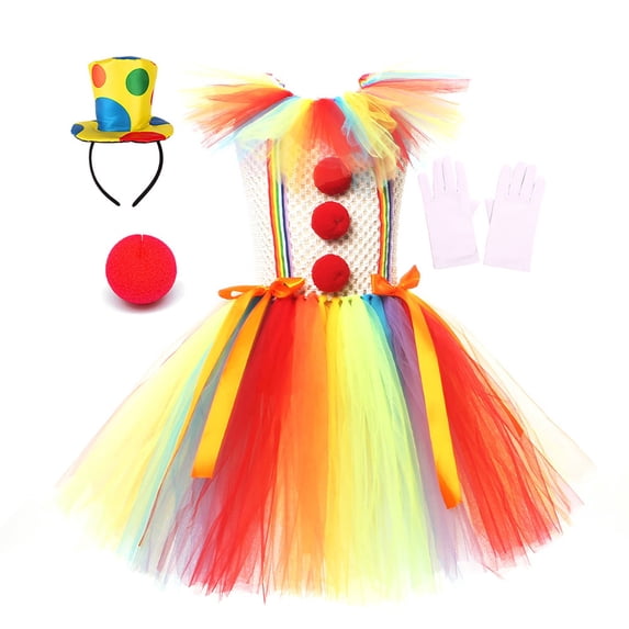Byoo Toddler Girls ClownTutu Dress Set Rainbow Tulle Dress with Clown Accessories Set Soft Cute Party Kids Dresses
