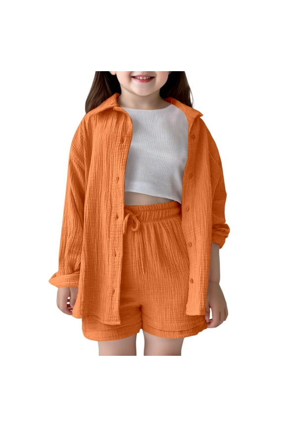 Toddler Girls Crinkle Texture Outfit Set Solid Long Sleeve Button Down Shirt Drawstring Shorts Cloth Set Casual Soft Tracksuit Sets