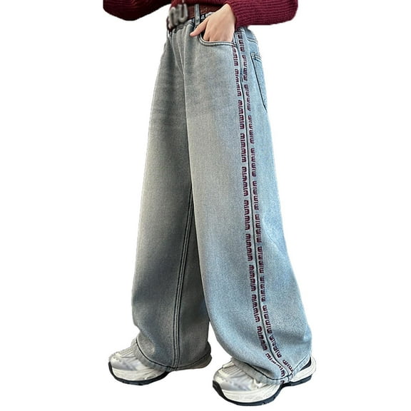 Byoo Toddler Girls Denim Pants Letter Print Baggy Straight Fit Wide Leg Jeans Outdoor Stretchy Comfortable Pantalones