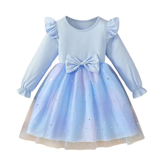 Byoo Toddler Girls Dress Carnival Long Flutter Sleeve Solid Color A-Line Sequin Dresses Soft Party Clothes for Child Blue
