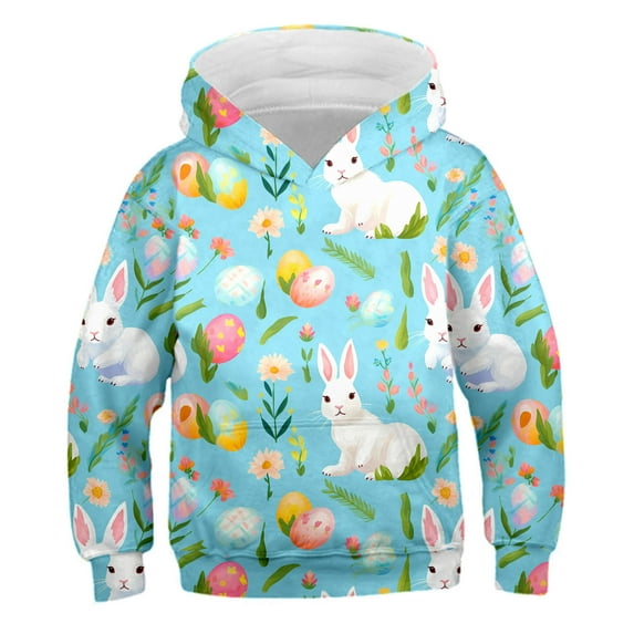 Byoo Toddler Girls' Easter Hooded Sweatshirt Bunny Rabbit Printed Pullover Top Hoodie Sweatshirt,Blue