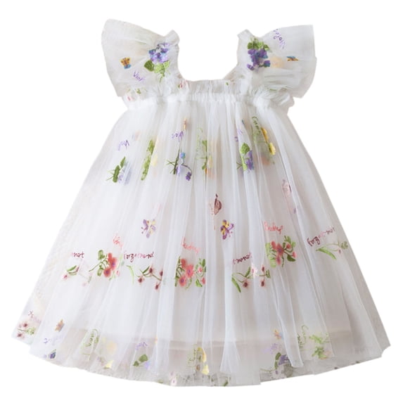 Byoo Toddler Girls' Floral Embroidery Tulle Dress Ruffle Strap A Line Soft Princess Party Sundress