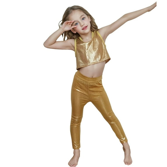 Byoo Toddler Girls Glitter Metallic Leggings Stretchy Solid Straight Leg Tights Trousers Dance Capris Pants for Kids