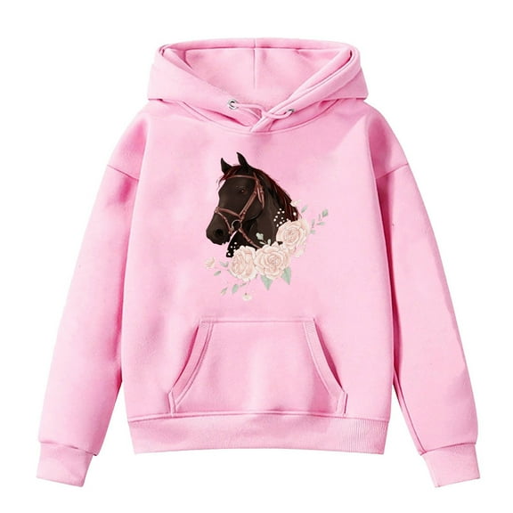 Byoo Toddler Girls Graphic Hoodie Kids Horse Print Casual Pullover Hooded Sweatshirt Top