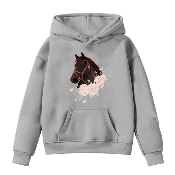 Byoo Toddler Girls Graphic Hoodie Kids Horse Print Casual Pullover Hooded Sweatshirt Top