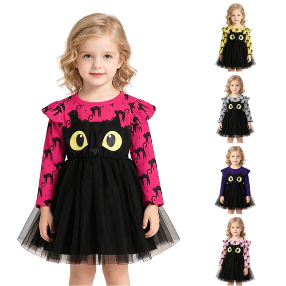 Byoo Toddler Girls Halloween Dress Black Cat Print Long Sleeve Ruffle Holiday Party Gown, Hot Pink