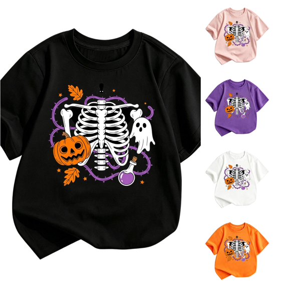 Byoo Toddler Girls Halloween Short‑Sleeve T‑Shirt Skeleton Pumpkin Ghost Potion Graphic T‑Shirts Fall Tee Shirt