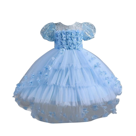 Byoo Toddler Girls Lace Flower Petal Dress Solid Color Short Sleeve Kids Princess Puffy Dress Outdoor Comfortable Gown for Kids