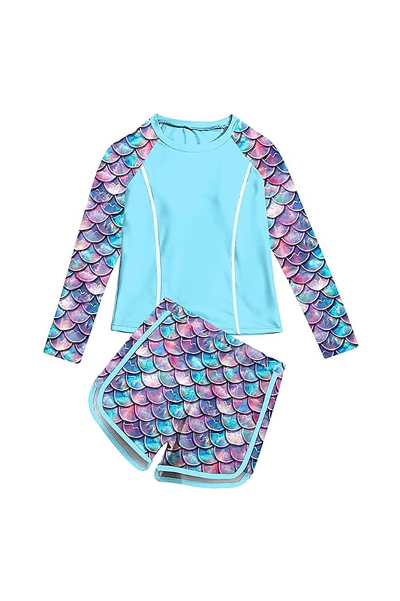 Toddler Girls' Leopard Print 2 Piece Rash Guard Set Long Sleeve UPF 50+ Swimwear For Kids,Light Blue