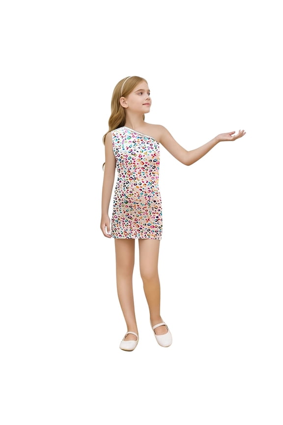 Toddler Girls Leopard Print Sequin Dresses Carnival One-Shoulder Wrap Dress for Children Comfortable Party Gown White