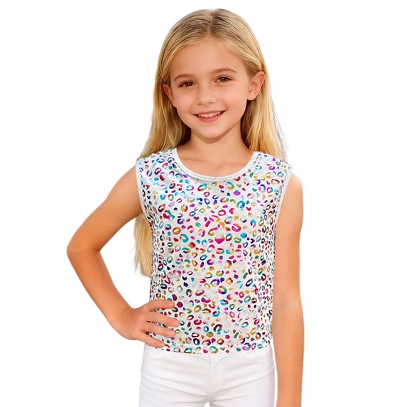 Byoo Toddler Girls Leopard Print Vest Sleeveless Round Neck Shiny Lightweight Crop Top Comfy Summer Top
