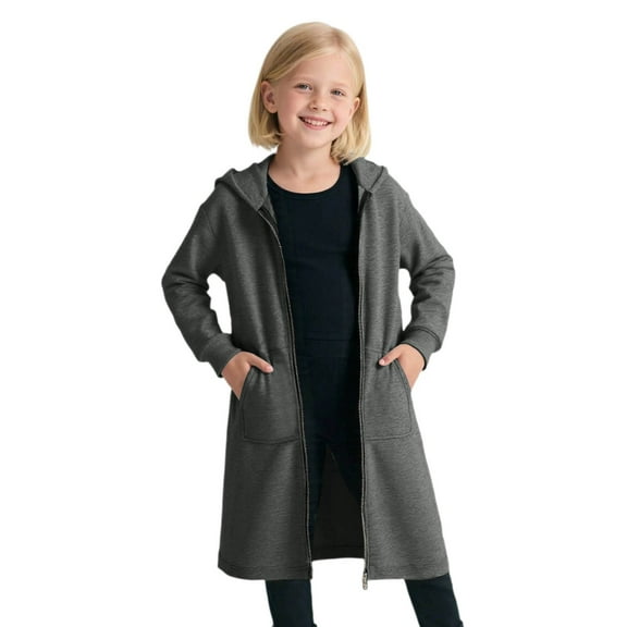 Byoo Toddler Girls Long Zip Up Coat Solid Hooded Jacket with Pocket Outerwear Cozy Soft Coat for Kids