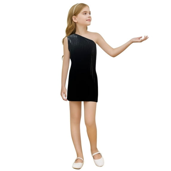 Byoo Toddler Girls One-Shoulder Gown Carnival Sequin Solid Color Kids Wrap Dresses Comfort Active Dress Black