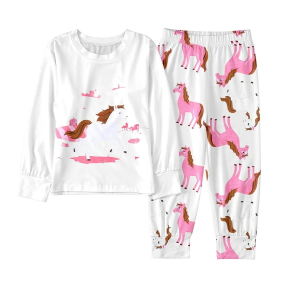 Byoo Toddler Girls Outfit Set Comfy Horse Graphic Crew Neck Top Pants 2 Piece Sleepwear Comfortable Loungewear for Kids