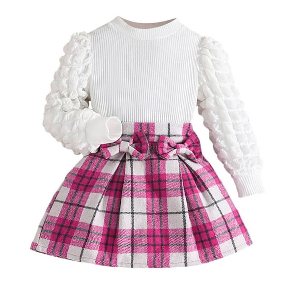 Byoo Toddler Girls Outfits Fall Casual Long Puff Sleeve Top Plaid Bow Skirt Set, 2-Piece