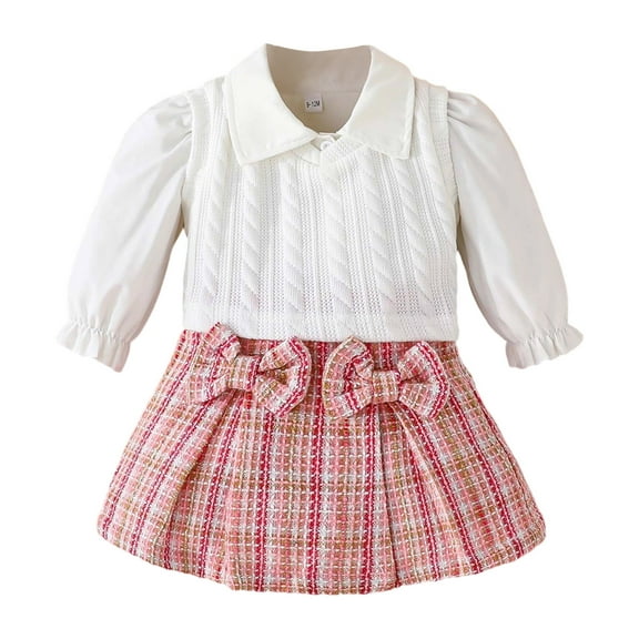 Byoo Toddler Girls Outfits Long Sleeve Shirt Knitted Sweater Vest Plaid Skirt 3Pcs Set