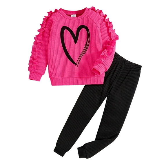 Byoo Toddler Girls Outfits Ribbed Heart Graphic Ruffles Pullover Top Leggings Clothes Set Comfortable Tracksuit Sets