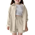 thumbnail image 1 of Byoo Toddler Girls Outfits Set Solid Color Oversized Button Down Shirt Drawstring Shorts Kids Outfit Soft Breathable Clothes Set, 1 of 9