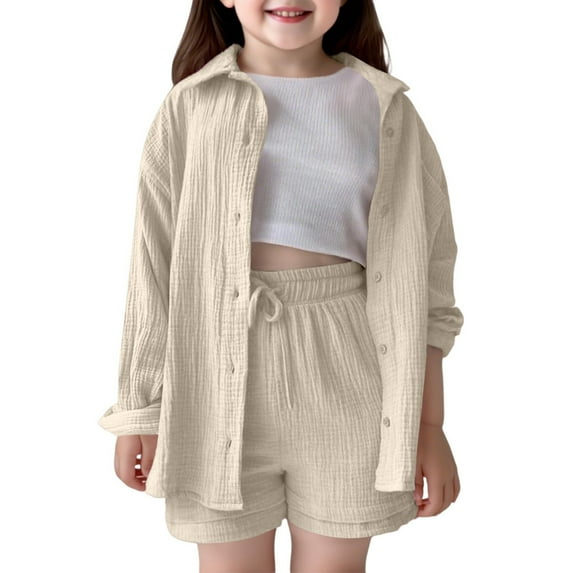 Byoo Toddler Girls Outfits Set Solid Color Oversized Button Down Shirt Drawstring Shorts Kids Outfit Soft Breathable Clothes Set