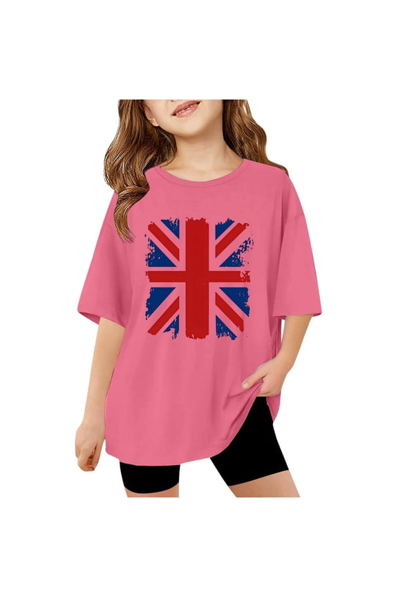 Toddler Girls Oversized Short Sleeve T-Shirt Vintage Union Jack Print Casual Beige Tee,Pink