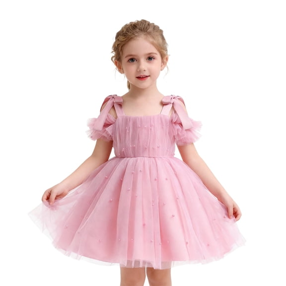 Byoo Toddler Girls Puff Princess Dress Solid Color Shoulder Ruffled Tulle Dresses with Delicate Spaghetti Strap Party Gown for Kids