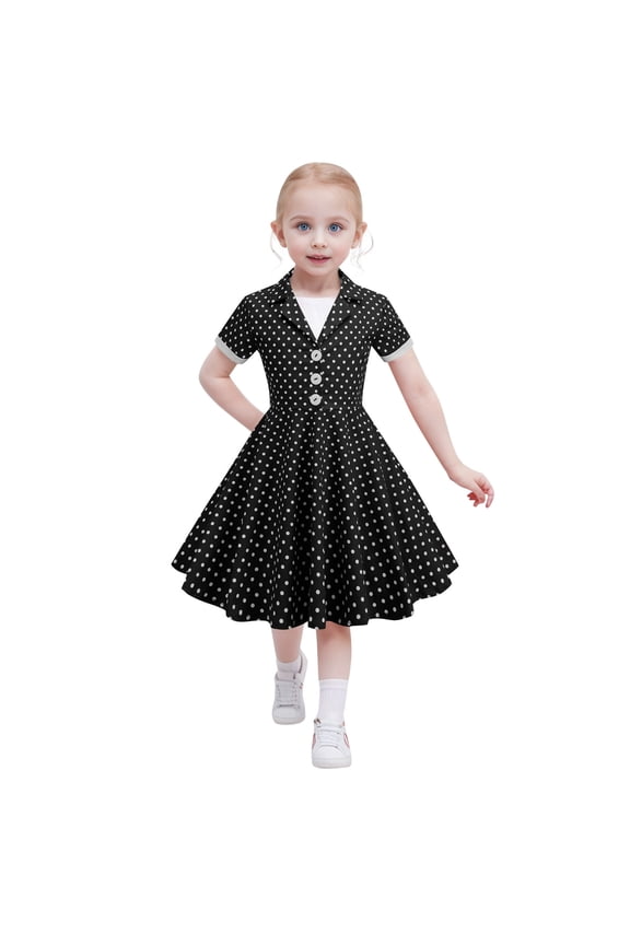 Toddler Girls Retro Polka Dot Dress Short Sleeve A Line Vintage Swing Dress,Black