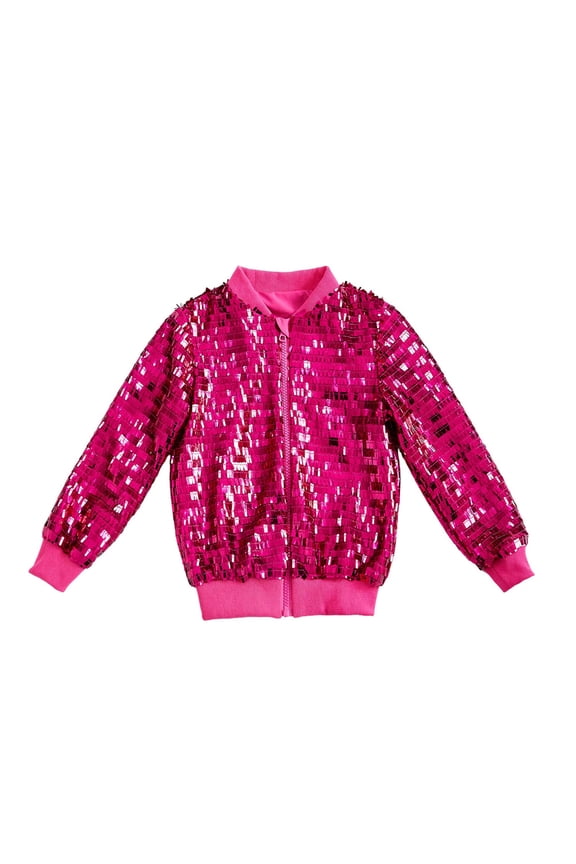 Toddler Girls' Sequin Bomber Jacket Full Sparkle Embellished Solid Zip Up Coat Outerwear Loose Fit Casual Baseball Jacket