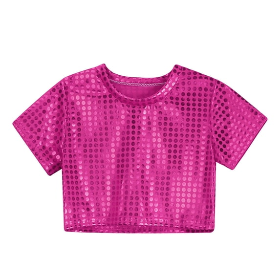 Byoo Toddler Girls Sequin Crop Top Solid Short Sleeve Round Neck Sparkly Party Performance Tee