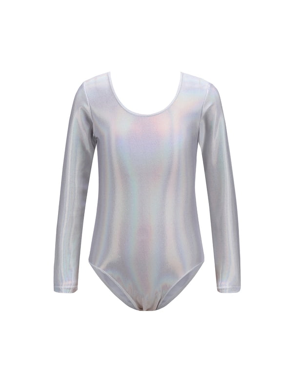Toddler Girls Shiny Long Sleeve Leotard For Gymnastics Dance Performance One-Piece Solid Bodysuit