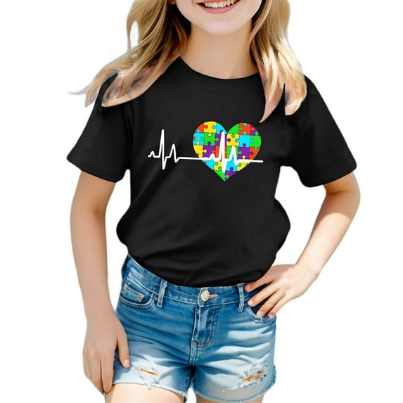 Byoo Toddler Girls Short Sleeve Tee Shirt Heart Printed School Uniform Pullover Top Active Sport T-Shirt,Black