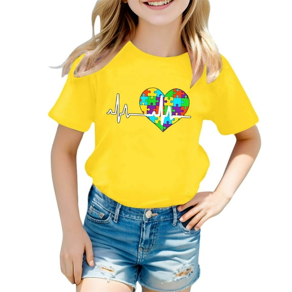 Byoo Toddler Girls Short Sleeve Tee Shirt Heart Printed School Uniform Pullover Top Active Sport T-Shirt,Yellow