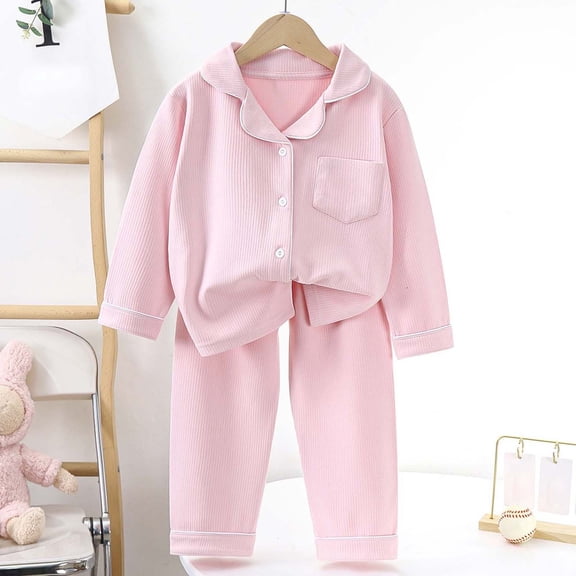 Byoo Toddler Girls Sleepwear Outfits Solid Ribbed Button Down Lapel Collar Shirt Trousers Homewear Set Kids Cozy Homewear Set