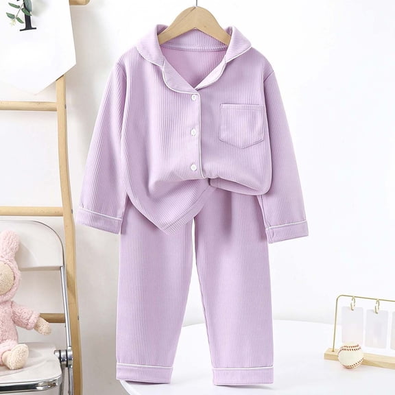Byoo Toddler Girls Sleepwear Outfits Solid Ribbed Button Down Lapel Collar Shirt Trousers Homewear Set Kids Cozy Homewear Set