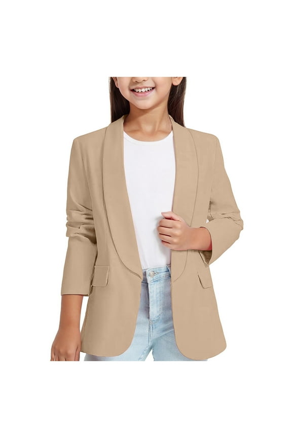 Toddler Girls Solid Color Blazer Coat Formal Full Sleeve Pocket Notched Basic Suit Jacket Active Clothes TopKhaki