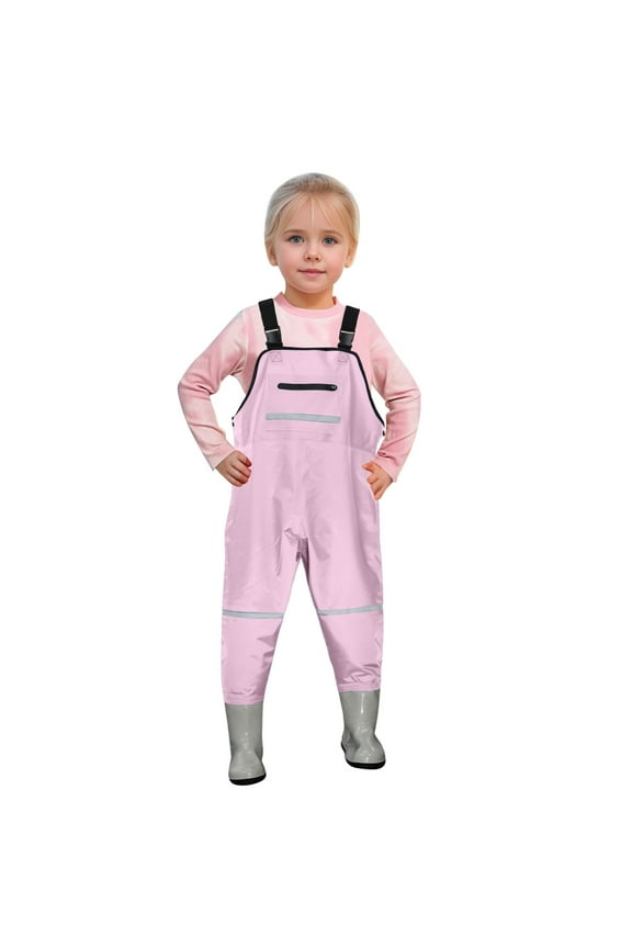 Toddler Girls Solid Color Overalls Straight Leg Waterproof Rain Overalls with Strip Adjustable Straps Durable PantsPink