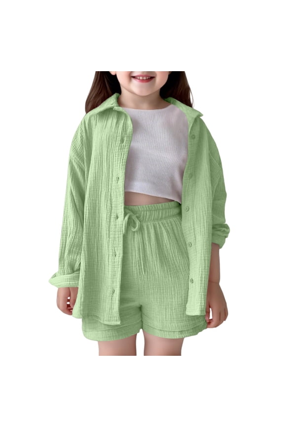 Toddler Girls Solid Outfit Set Crinkle Texture Long Sleeve Button Down Shirt Drawstring Shorts Cloth Set Comfortable Tracksuit