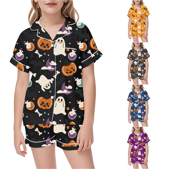 Byoo Toddler Girls' Spooky Halloween Sleepwear Set Lapel Short Sleeve Skull Pumpkin Printed Nightwear Set Daily Rest Homewear Set,Purple