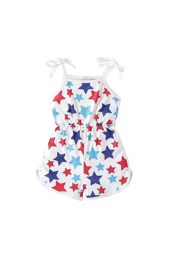 Toddler Girls Star Print Romper Independence Day Sleeveless Tie-Strap One-Piece Swim Sunsuit with Patriotic Pattern Baby Clothes
