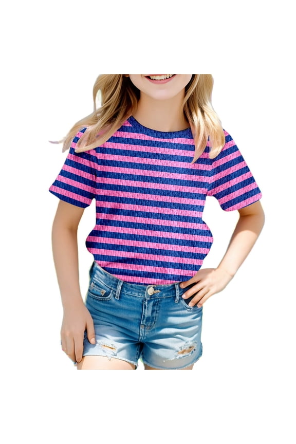 Toddler Girls Stripe Graphic T-Shirt Short Sleeve O-Neck T Shirt Comfortable Trendy Pullover Top, Pink