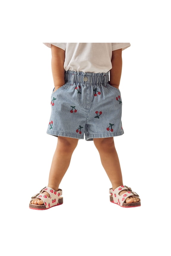 Toddler Girls Striped Shorts Cherry Embroidered Elastic Smocked Waist Soft Beach Shorts Summer Bottoms