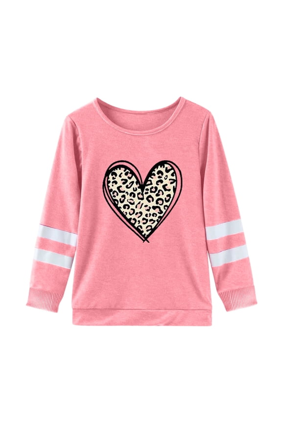 Toddler Girls' Summer Leopard Heart Print Tee Shirt Long Sleeve Crew Neck Soft Tshirt Soft Pullover Top