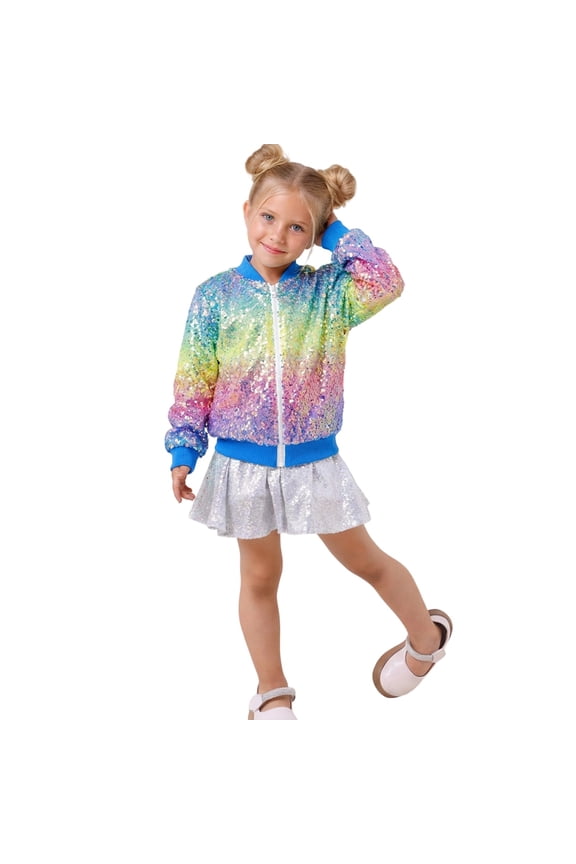 Toddler Girls Summer Sparkly Sequin Bomber Jacket Long Sleeve Stage Casual Coat Outerwear