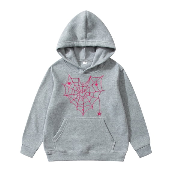 Byoo Toddler Girls' Sweatshirt Spider Web Heart Printed Hoodie Sweatshirts with Kangaroo Pocket School Active Pullover Top,Grey