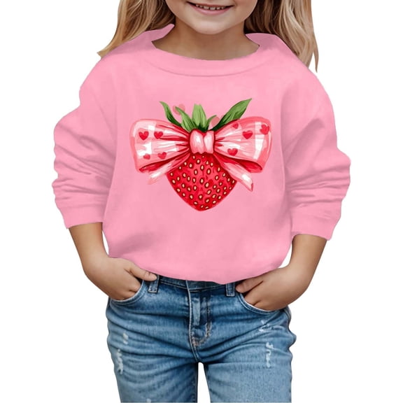 Byoo Toddler Girls Sweatshirt Valentine Day Strawberry Knot Printing Crew Neck Pullovers Shirt for Children Loose Fit Active Top
