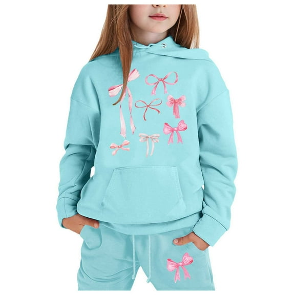 Byoo Toddler Girls Sweatsuit Bow Print Long Sleeve Pullover Hooded Sweatshirt Pants Warm Outfits Comfy Tracksuit Sets