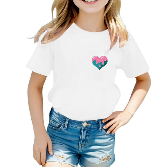 Byoo Toddler Girls T-Shirt Heart Print Crew Neck Short Sleeved T Shirt Casual Active Tshirt
