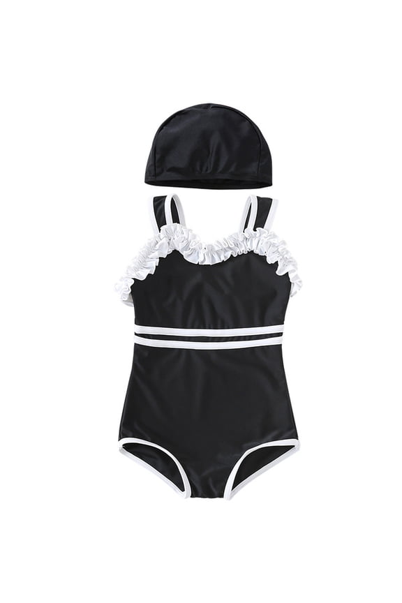 Toddler Girls UPF 50 Quick Dry Sleeveless Ruffled Detail One Piece Swim Cap Swim Set,Black