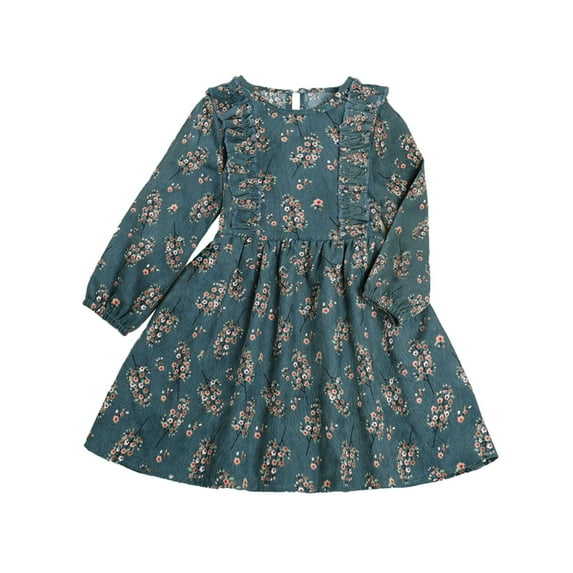 Byoo Toddler Girls' Vintage Floral Print Textured Dress Long Sleeve Ruffle Shoulder A-Line Dress Soft Casual Dress for School,Navy