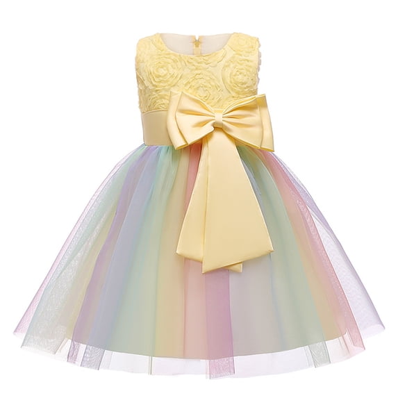 Byoo Toddler Girls Wedding Gown Floral Tulle Sleeveless Bow Knot Birthday Solid Dress Kids Mardi Gras Comfortable Dresses